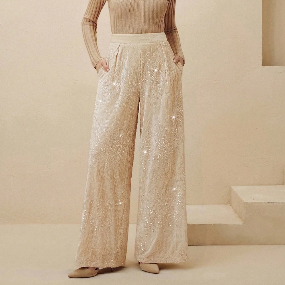 NEW W/ TAGS! Champagne High-Waisted Velvet Sequin Wide Leg Trouser Pants